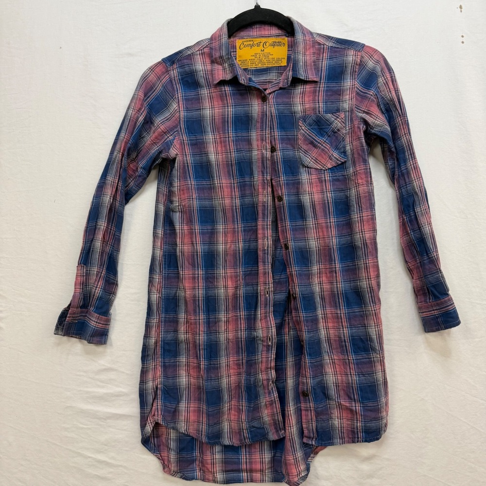 Comfort Outfitter Mens‎ Plaid Button Down Shirt Pink Blue Cotton Flannel Size M